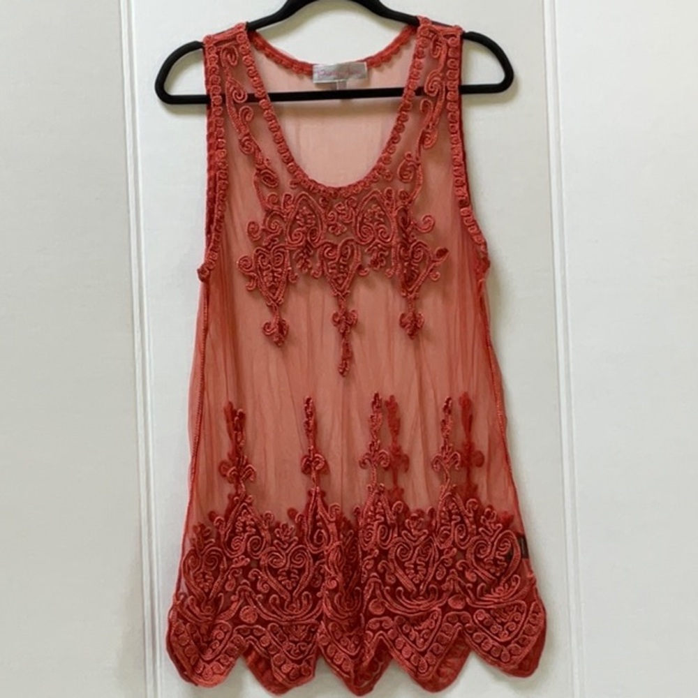 Women’s Embroidered Sheer Red Tunic Top